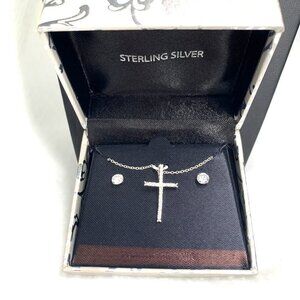 Sterling Silver Pave Crystal Crucifix & Stud Earring Set New In Box